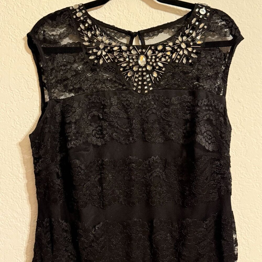 Black Sleeveless Lace Dress With‎ Rhinestone Embellished Neckline